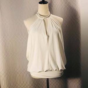 White Halter Cocktail Top Adorned w/ Crystal Neckline Size L